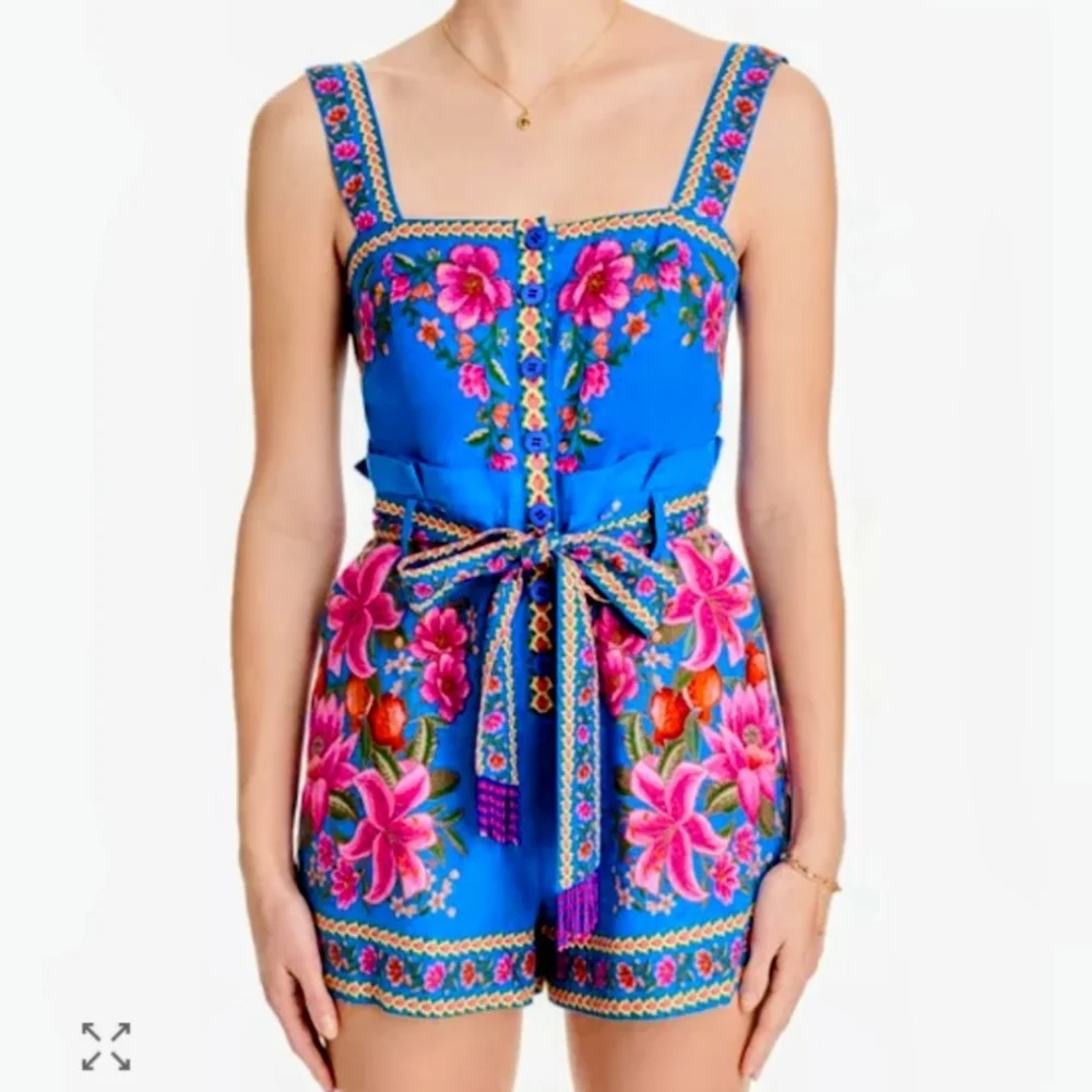 FARM RIO Blue Summer Fruit Scarf Romper
 FloraL Square Neck Wide Straps Beading - Picture 5 of 16